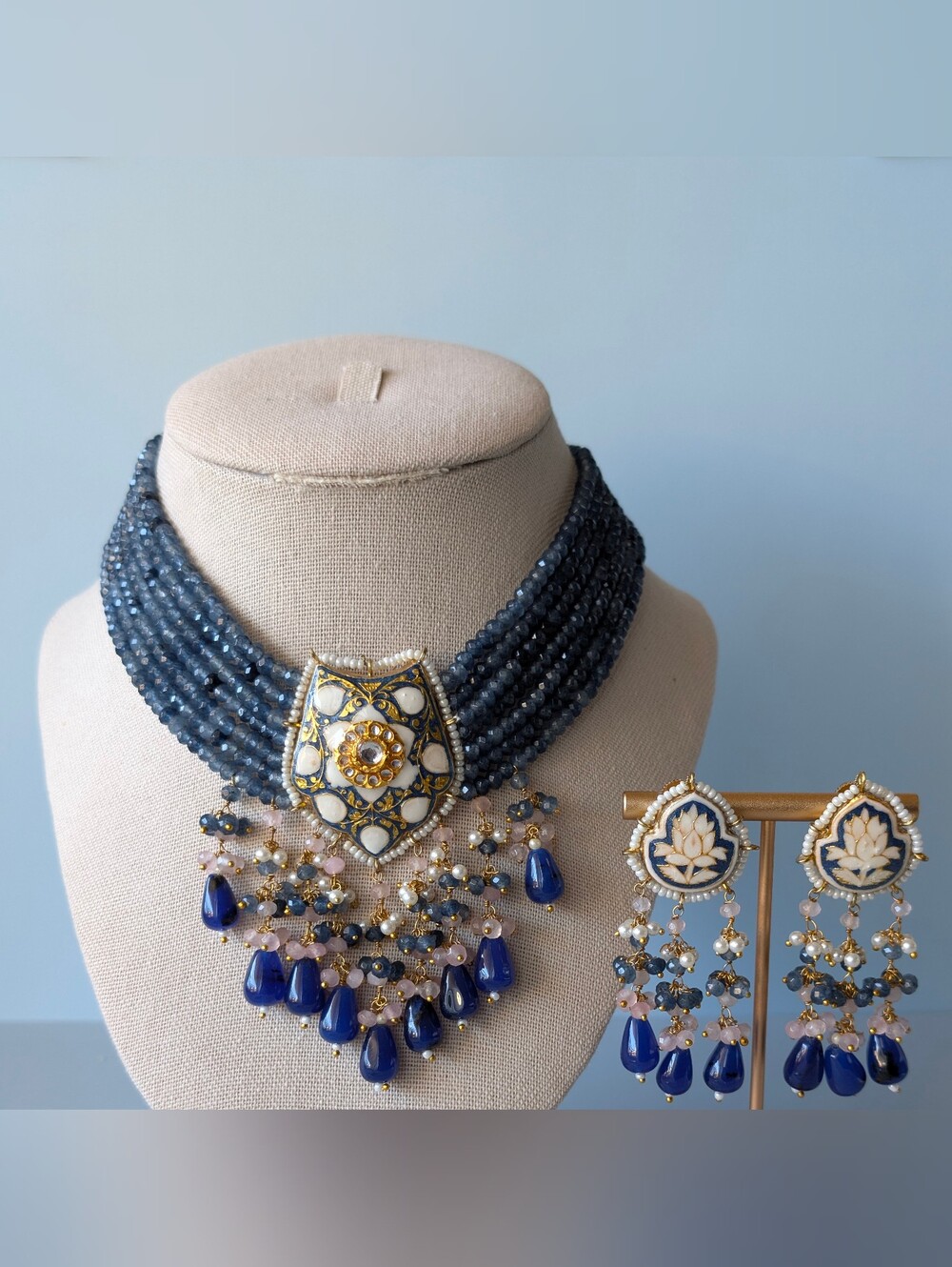 Multi-Strand Blue Beaded Statement Necklace with Matching Earrings
